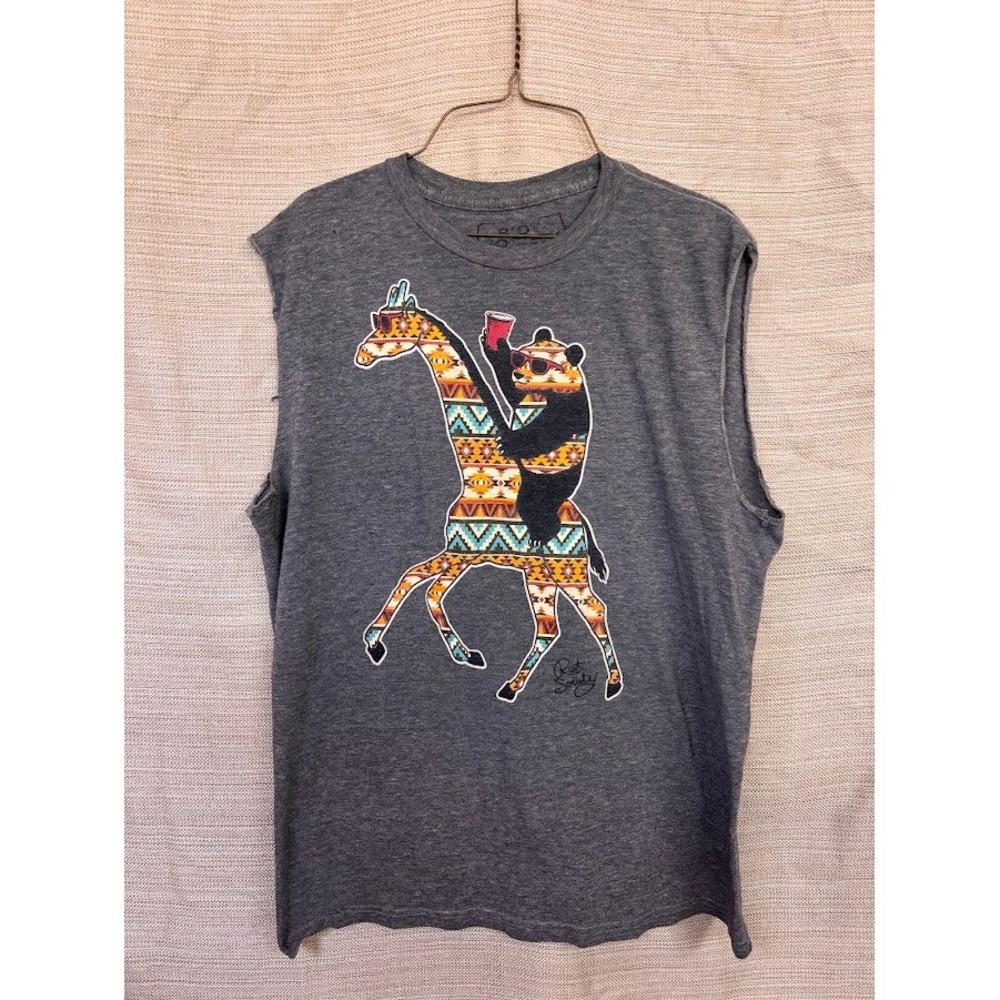 Riot Society Mens Large Panda Riding Giraffe Aztec Graphic Muscle Tank Gray